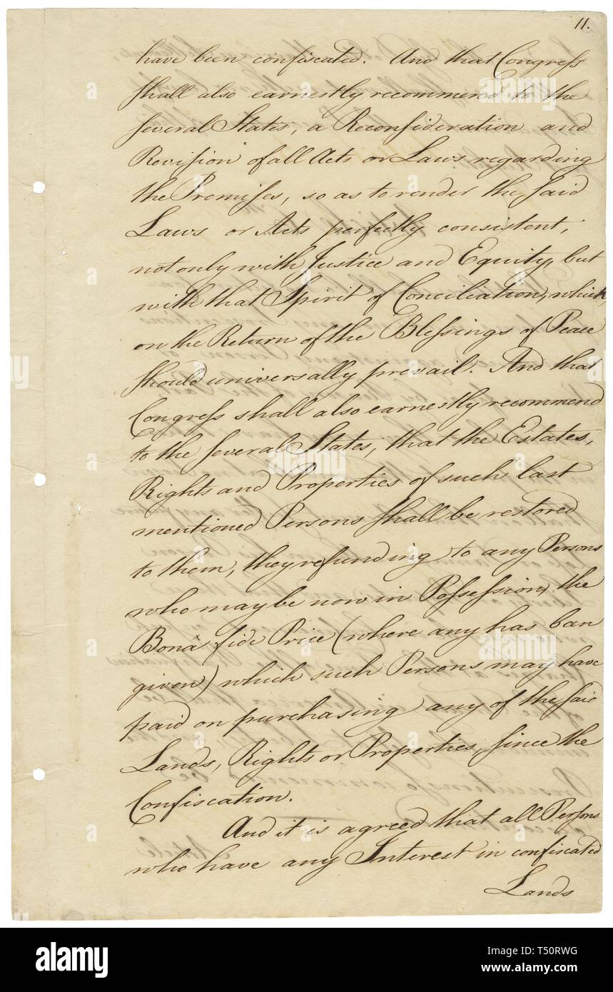 Le Traité de Paris, envoyé au Congrès par les négociateurs américains, John Adams, Benjamin Franklin et John Jay, officiellement fin à la guerre d'indépendance, 1783. L'image de courtoisie des Archives nationales. () Banque D'Images