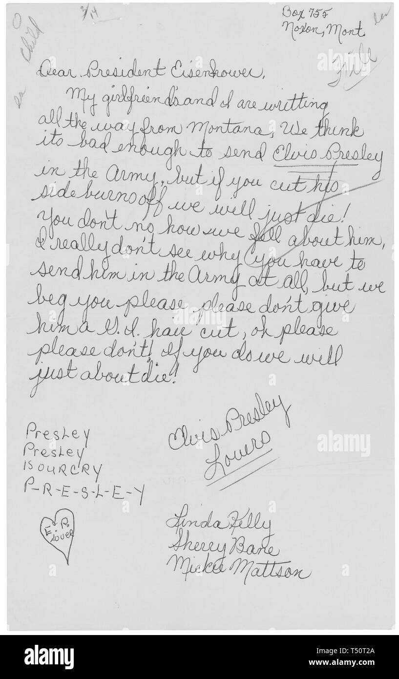 Lettre de Linda Kelly, Sherry Bane, et Mickie Mattson de Montana pour le président Dwight D. Eisenhower, exprimant leur détresse qu'Elvis Presley a été envoyé à la guerre, 1958. L'image de courtoisie des Archives nationales. () Banque D'Images