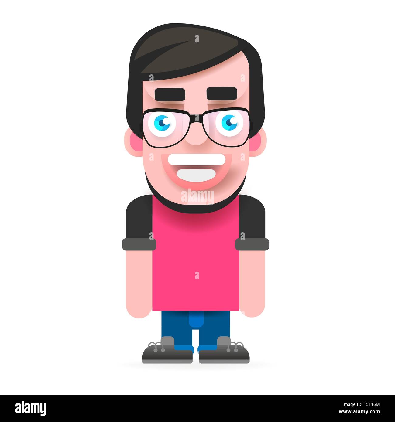 Jeune Hipster avec lunettes et une barbe dans un T-shirt Rose. Vector Illustration de Vecteur