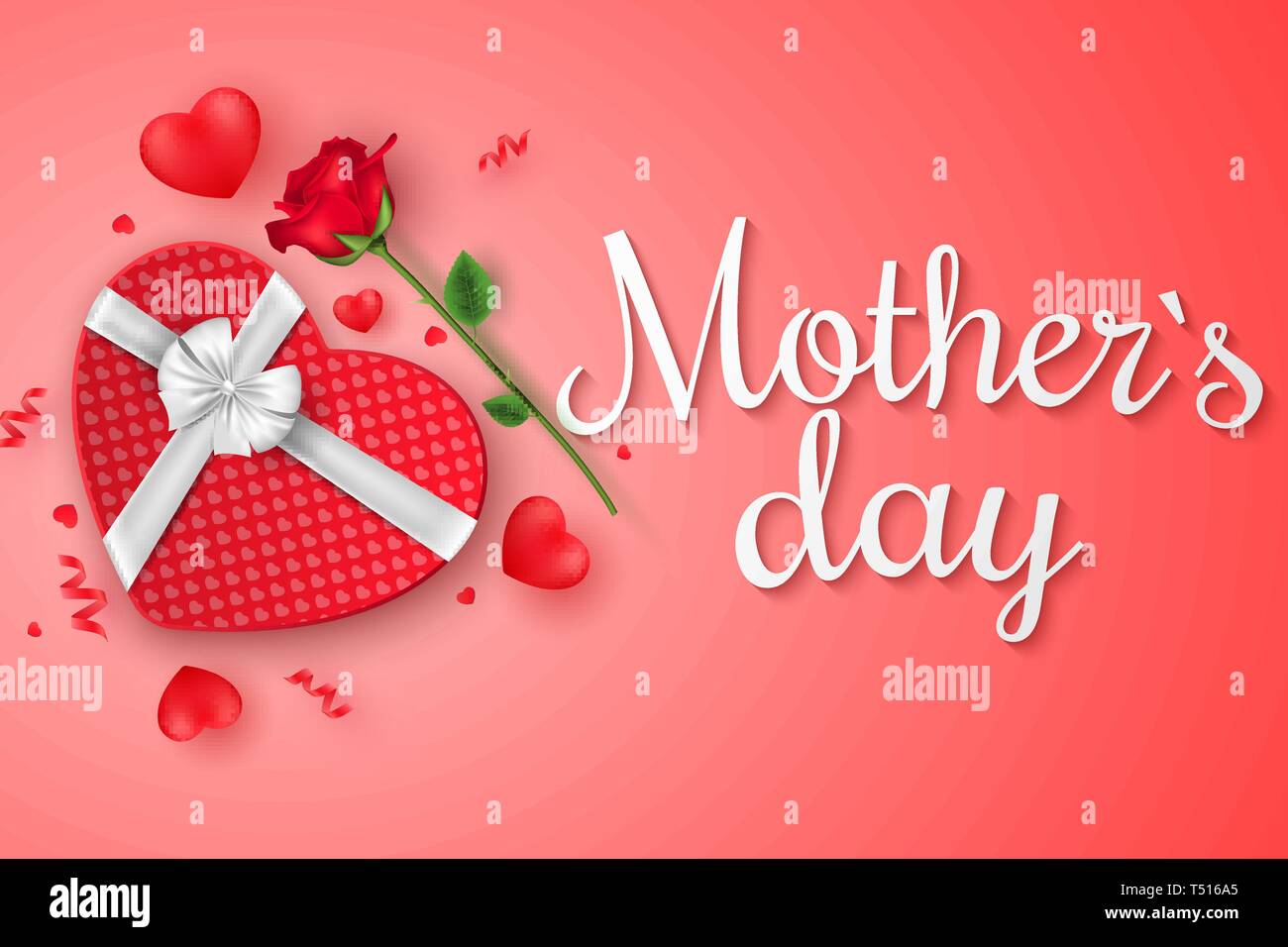 Heureux le jour de mères. Vue d'en haut. Composition romantique avec boîte-cadeau du motif coeur et rose fleur. Bannière web de fête. Confettis dispersés et hea Illustration de Vecteur