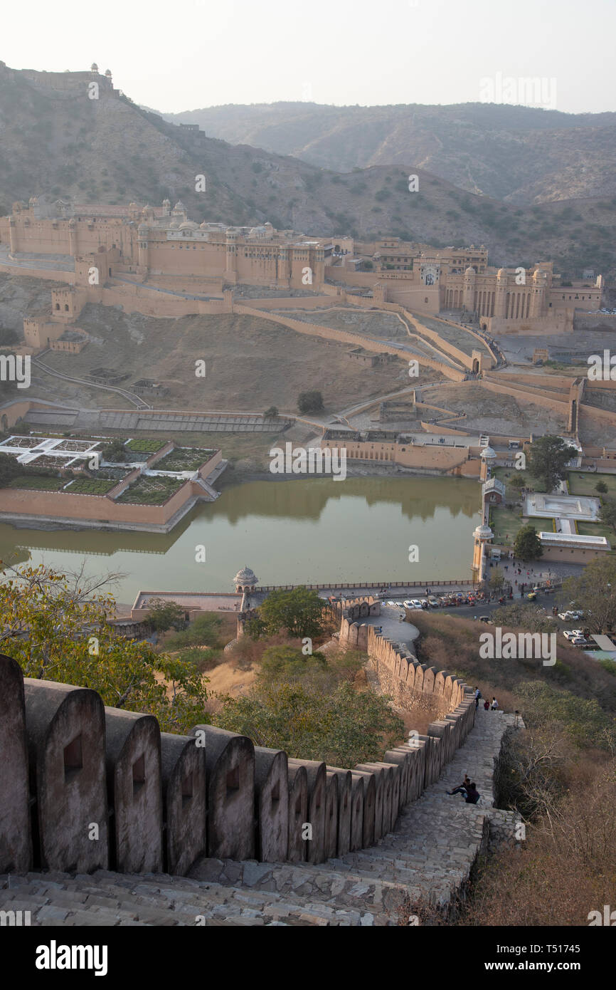 L'Inde, Rajasthan, Jaipur, Amber, Fort Amber et fortifications paroi Banque D'Images