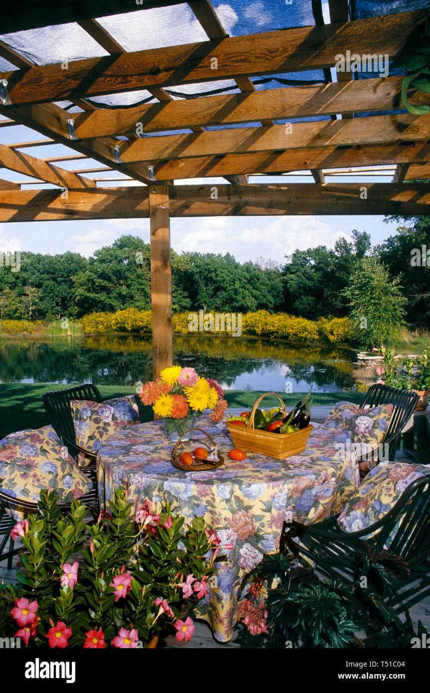 Joyeux pique-nique : Pont de maison en bois donnant sur le lac avec des fleurs en un soir d'été avec table pour dîner, Missouri, États-Unis Banque D'Images