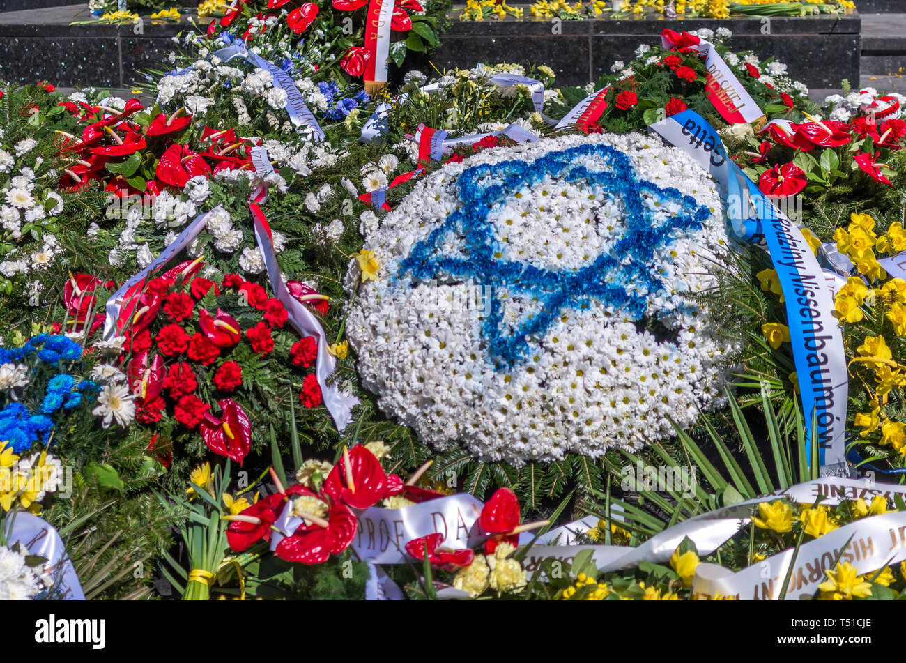 Pologne, Varsovie : la mer des fleurs au monument des héros du ghetto de Varsovie. Banque D'Images