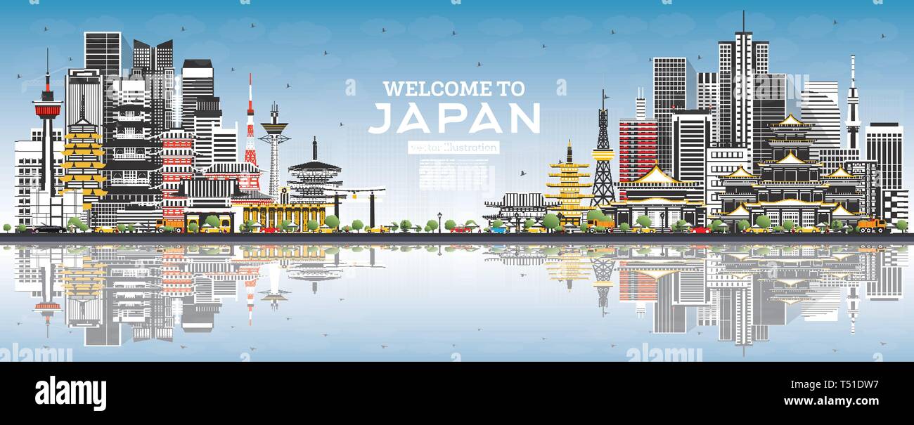 Bienvenue au Japon avec des toits de bâtiments gris et bleu ciel. Vector Illustration. Concept du tourisme avec l'architecture historique. Vue urbaine avec des points de repère. Illustration de Vecteur