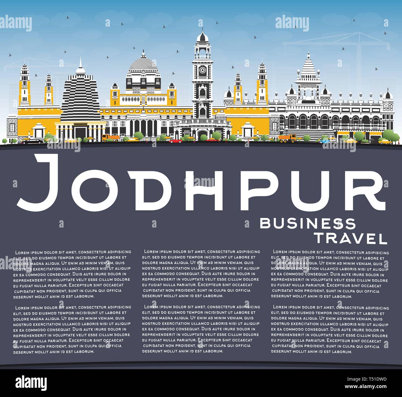 Jodhpur Inde Ville avec des bâtiments, de couleur bleu ciel et l'espace de copie. Vector Illustration. Les voyages d'affaires et le concept avec l'architecture historique. Illustration de Vecteur