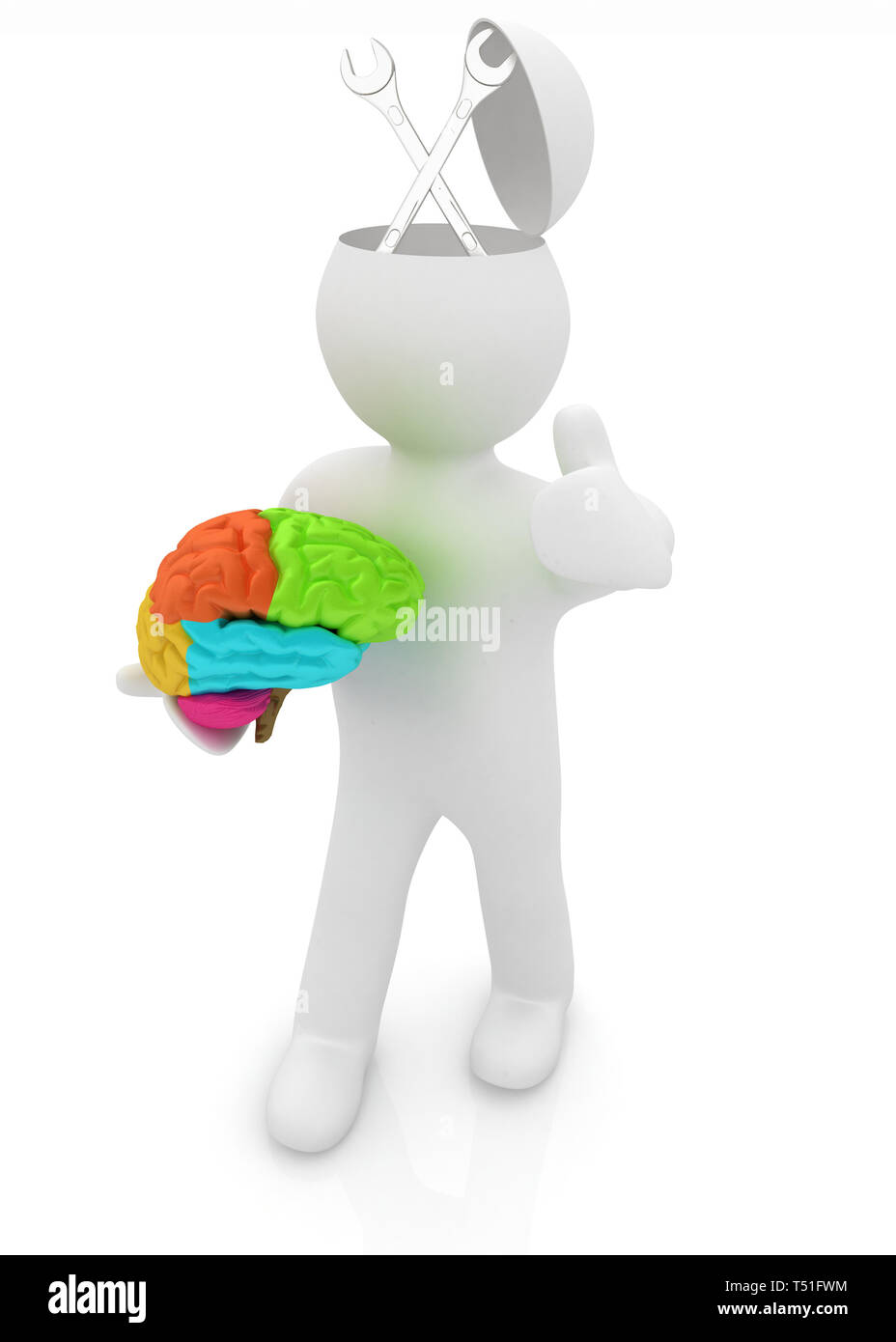 Les gens 3d - homme avec demi-tête, cerveau et trumb. Concept de service à l'aide d'une clé Banque D'Images