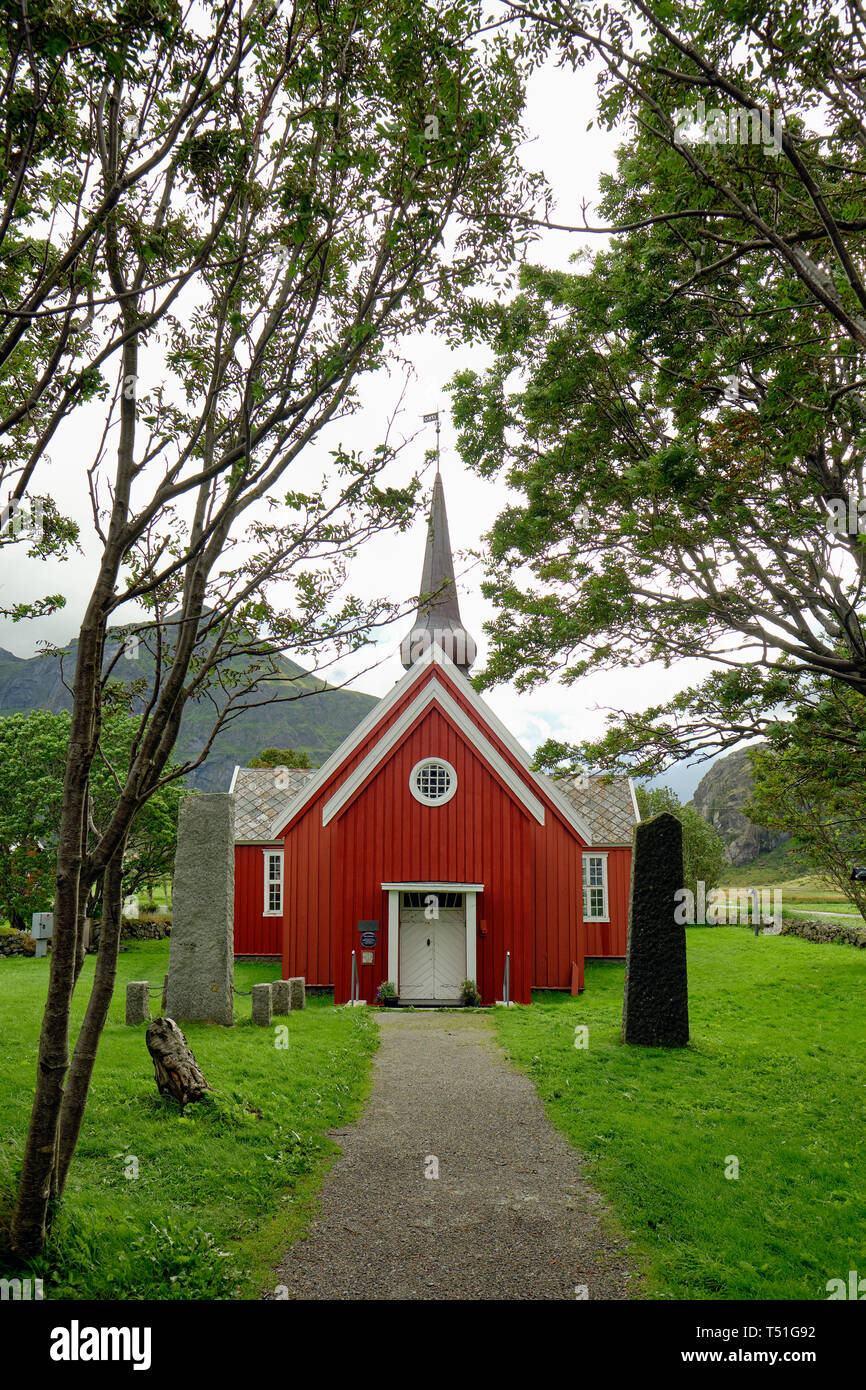 Flakstad church église paroissiale de l'Église de Norvège à Flakstad comté de Nordland, Norvège Lofoten Banque D'Images
