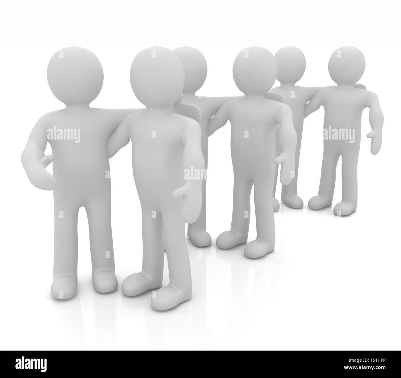 Les amis debout à côté d'une étreinte et soulevé la main de l'accueil. Image 3d. Isolé sur fond blanc. Banque D'Images