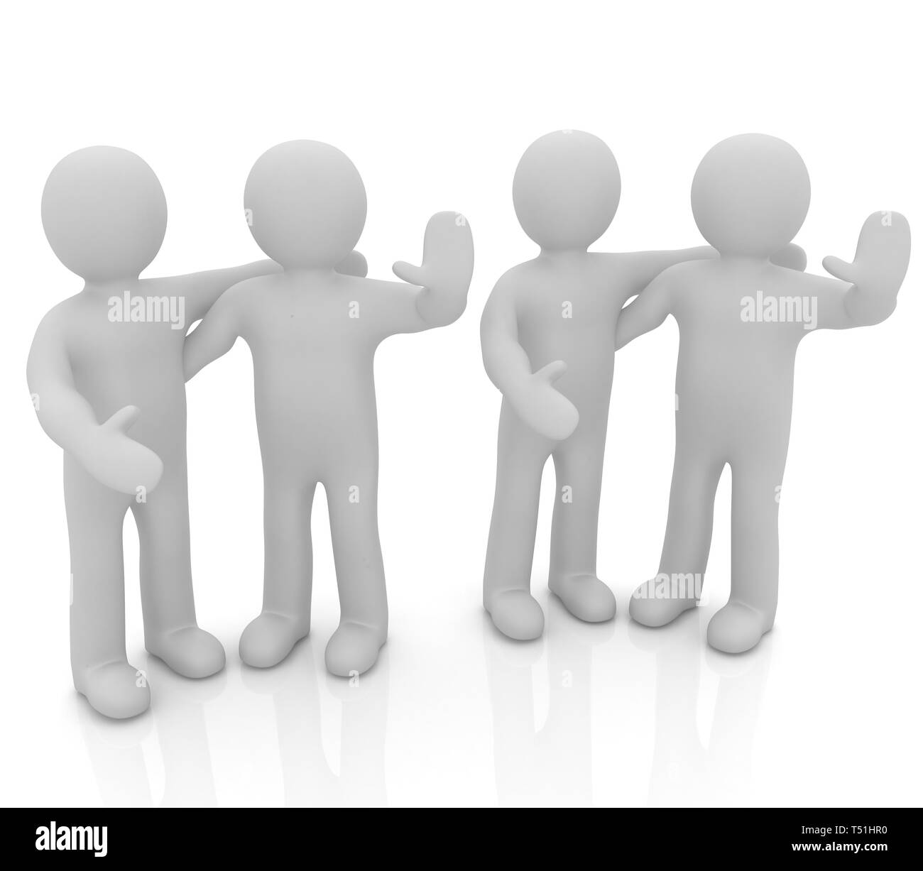 Les amis debout à côté d'une étreinte et soulevé la main de l'accueil. Image 3d. Isolé sur fond blanc. Banque D'Images