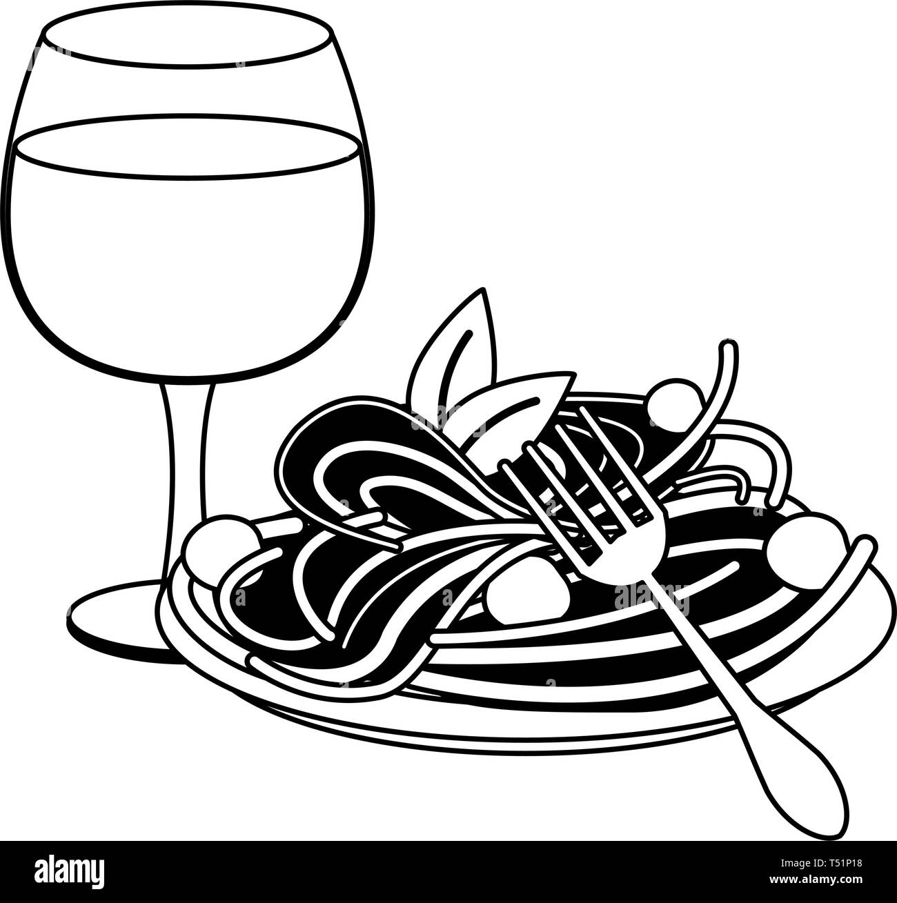 Goumet nourriture avec coupe de vin en noir et blanc Illustration de Vecteur