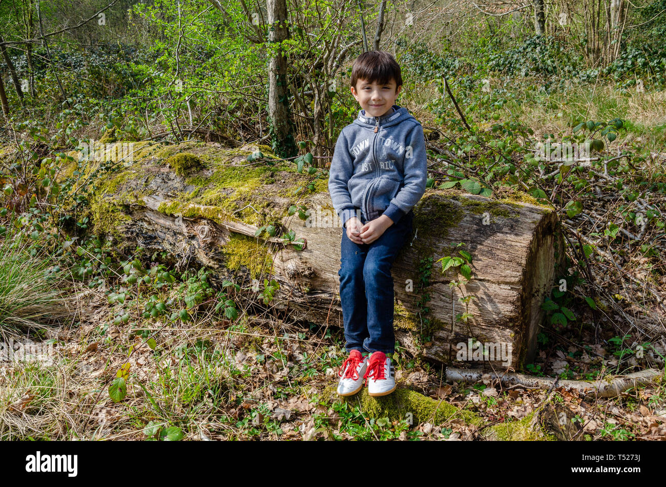 Un jeune garçon pose pour un portrait en extérieur dans un espace boisé de campagne, Banque D'Images