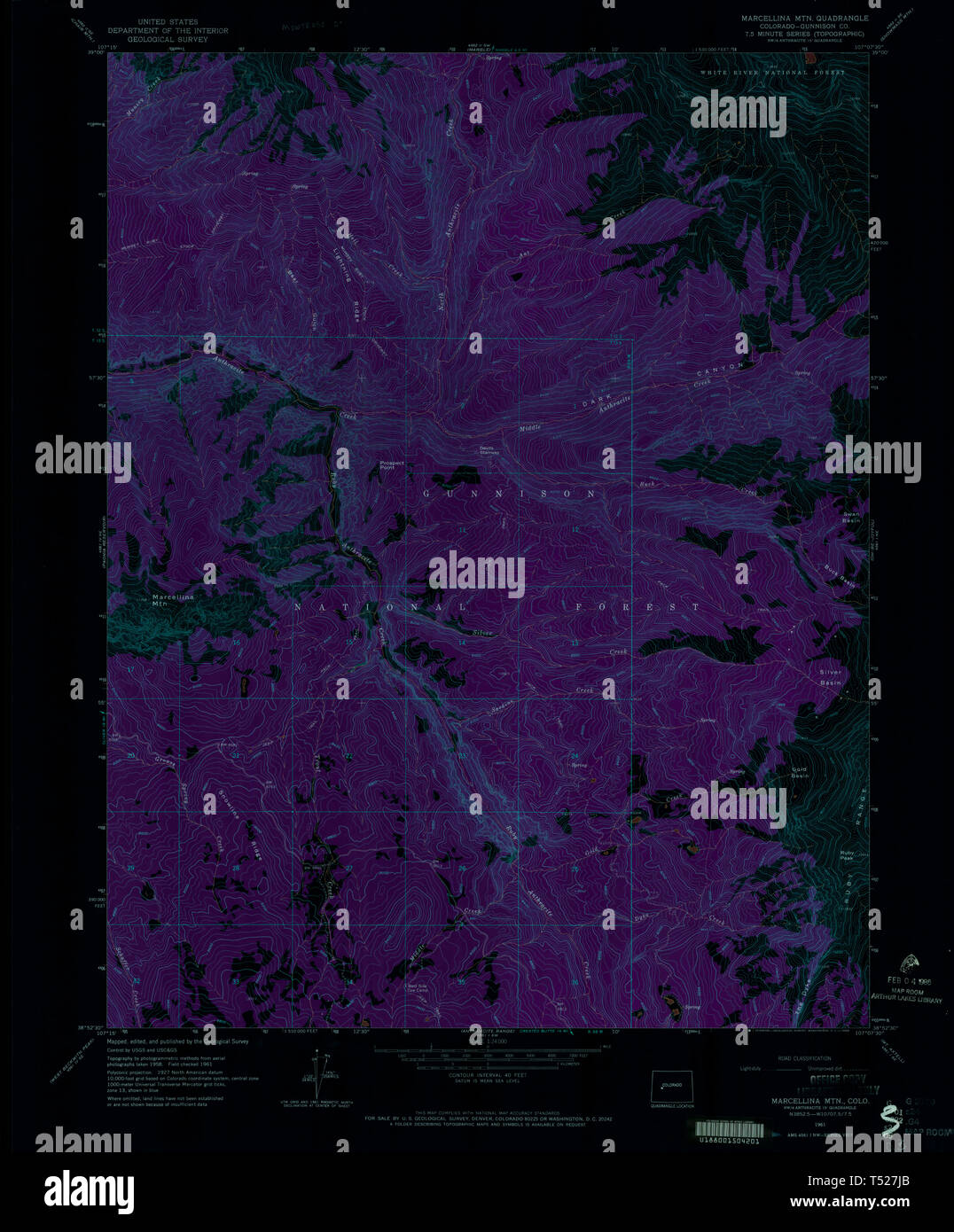 Carte TOPO USGS Marcellina CO Colorado Mountain 4505001961 24000 Restauration inversé Banque D'Images