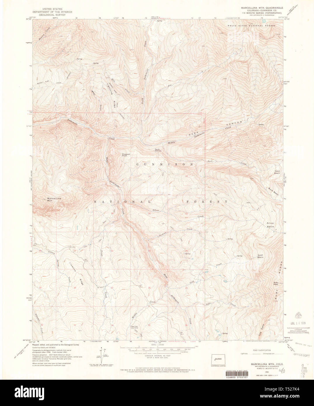 Carte TOPO USGS Marcellina CO Colorado Mountain 4505031961 Restauration 24000 Banque D'Images