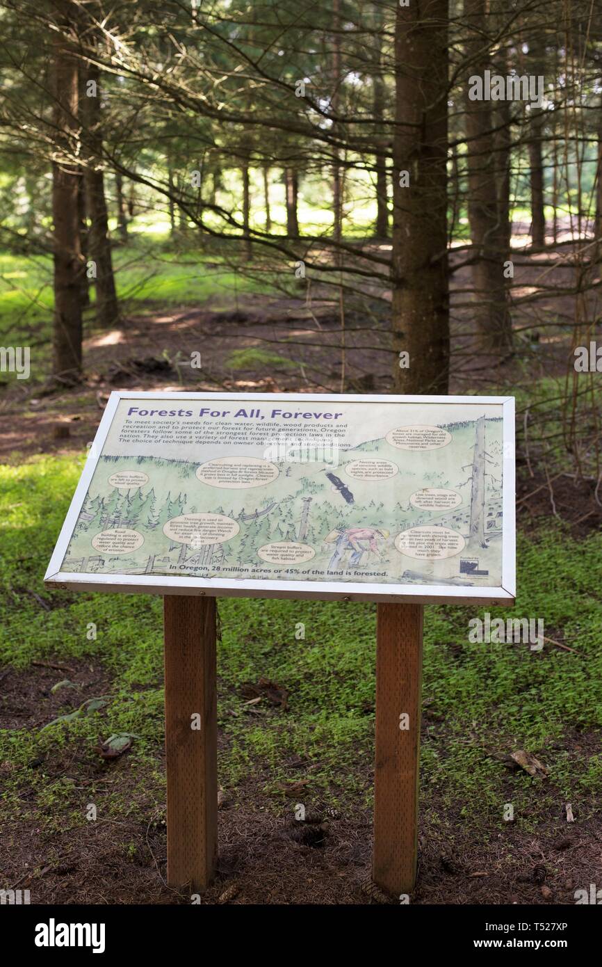 Un signe de l'éducation sur la protection des forêts, à l'Oregon Garden à Silverton, Oregon, USA. Banque D'Images