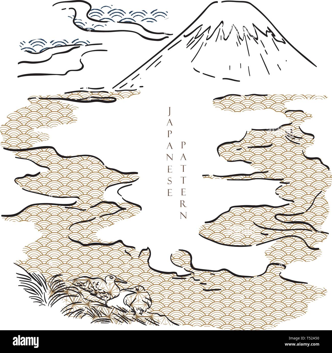 Vecteur modèle japonais. Modèle de la montagne Fuji dessiné à la main arrière-plan. Ligne noire Forêt croquis. Illustration de Vecteur