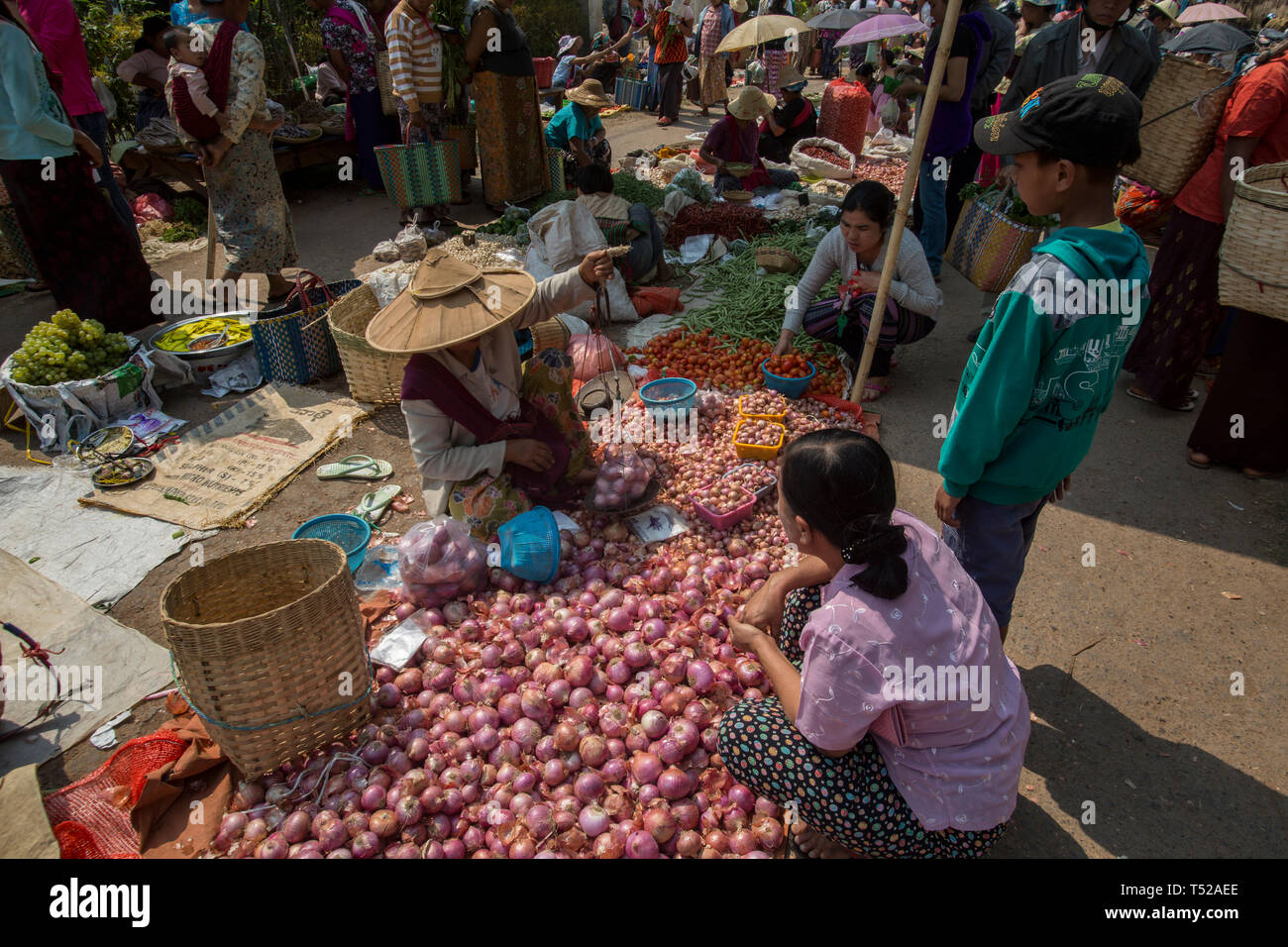 Vendeur d'oignons dans un marché de rue dans la région de Kalaw, Shan State, Myanmar. Banque D'Images