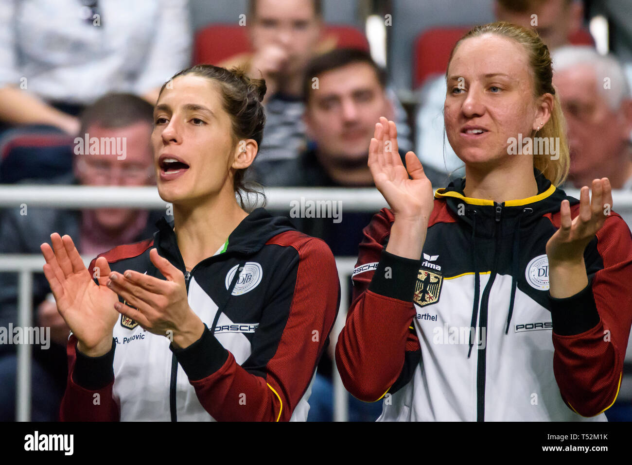 19.04.2019. RIGA, Lettonie. FEDCUP BNP Paribas, la Coupe du Monde de Tennis World Group Play-off match entre la Lettonie et l'Allemagne l'équipe de l'équipe à l'Arena Riga. Banque D'Images