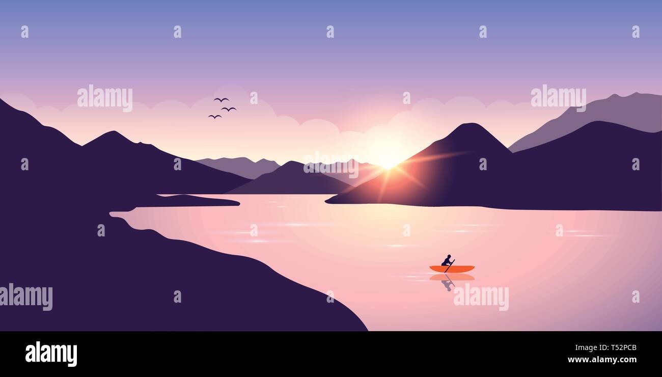 Canot solitaire avec orange voile au lever du soleil sur le lac illustration vecteur EPS10 Illustration de Vecteur
