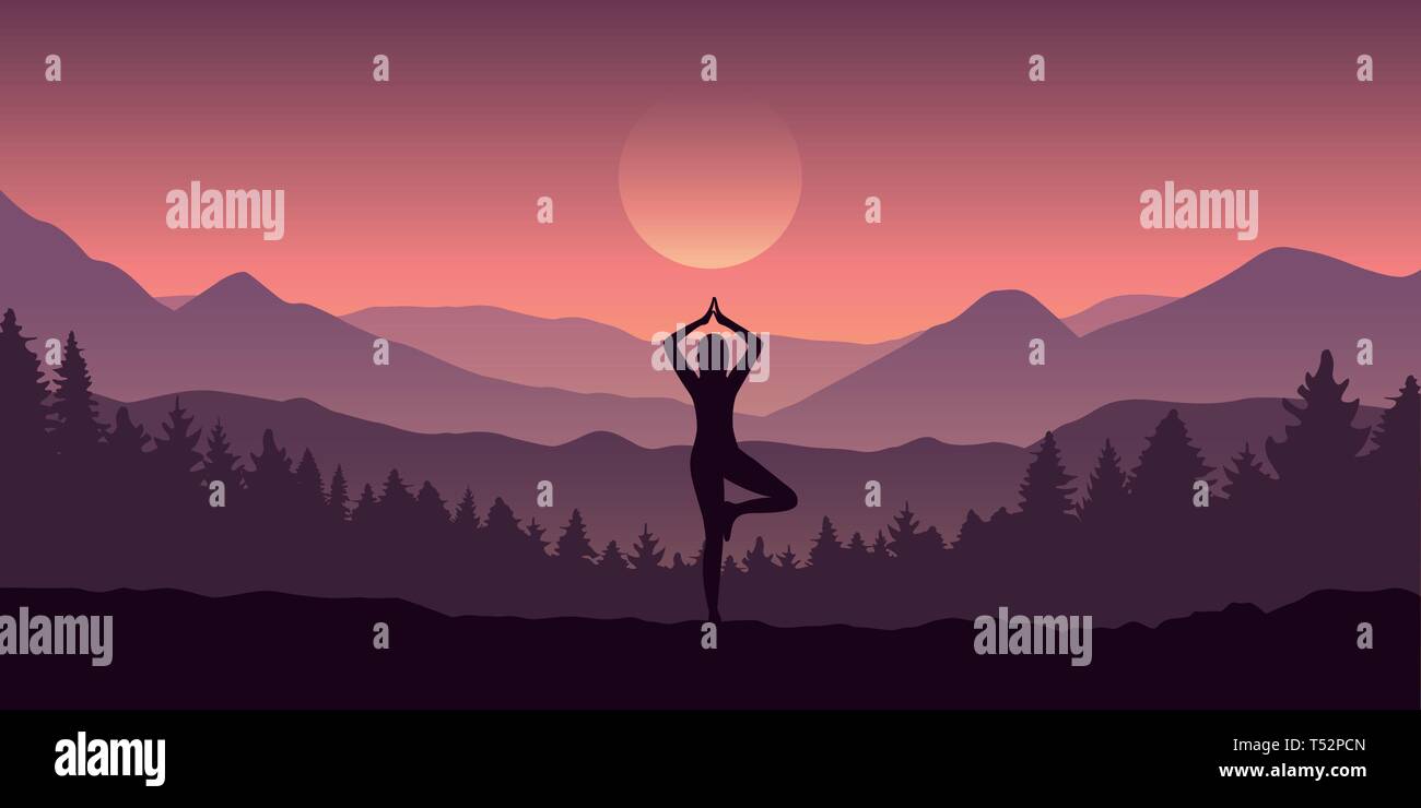 Girl fait figure d'arbre yoga dans le paysage de montagne voir illustration vecteur EPS10 Illustration de Vecteur