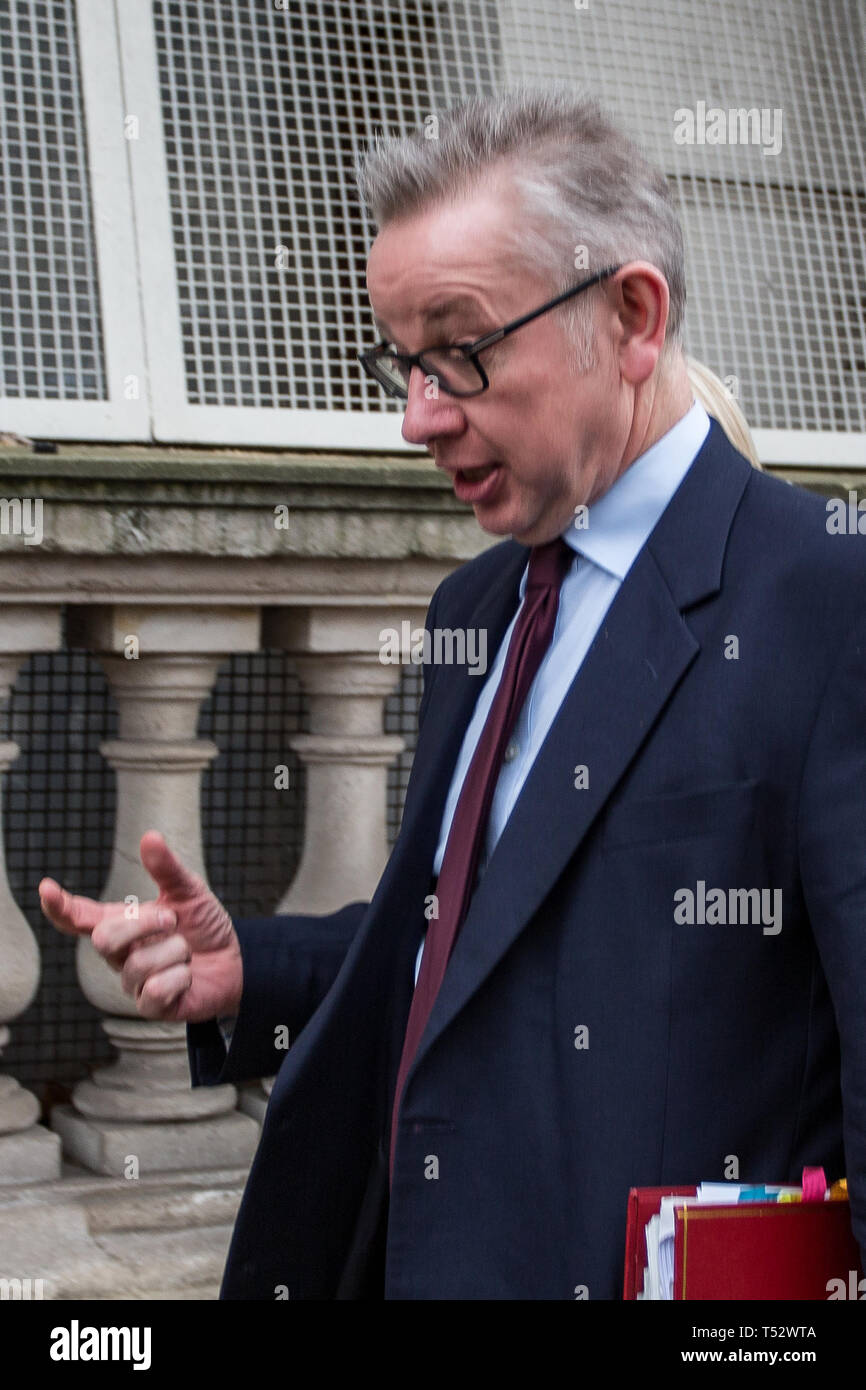 Elizabeth Truss, député, secrétaire en chef au Trésor public, et Michael Gove MP, Secrétaire d'État à l'environnement, de l'Alimentation et des Affaires rurales, départ Downing Street. Avec : Michael Gove Où : London, Royaume-Uni Quand : 20 mars 2019 Credit : Wheatley/WENN Banque D'Images