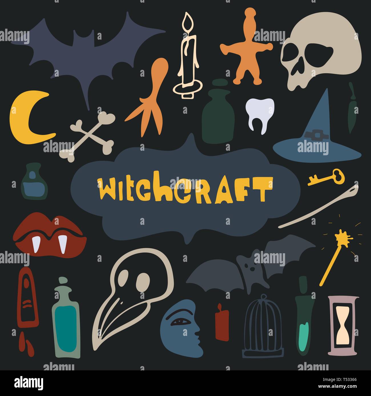 Jeu de symboles sorcières et sorcellerie. Illustration vectorielle dessinée à la main et icônes magiques. Dessiné à la main, doodle, ensemble magicien d'esquisse. Magie noire. Illustration de Vecteur