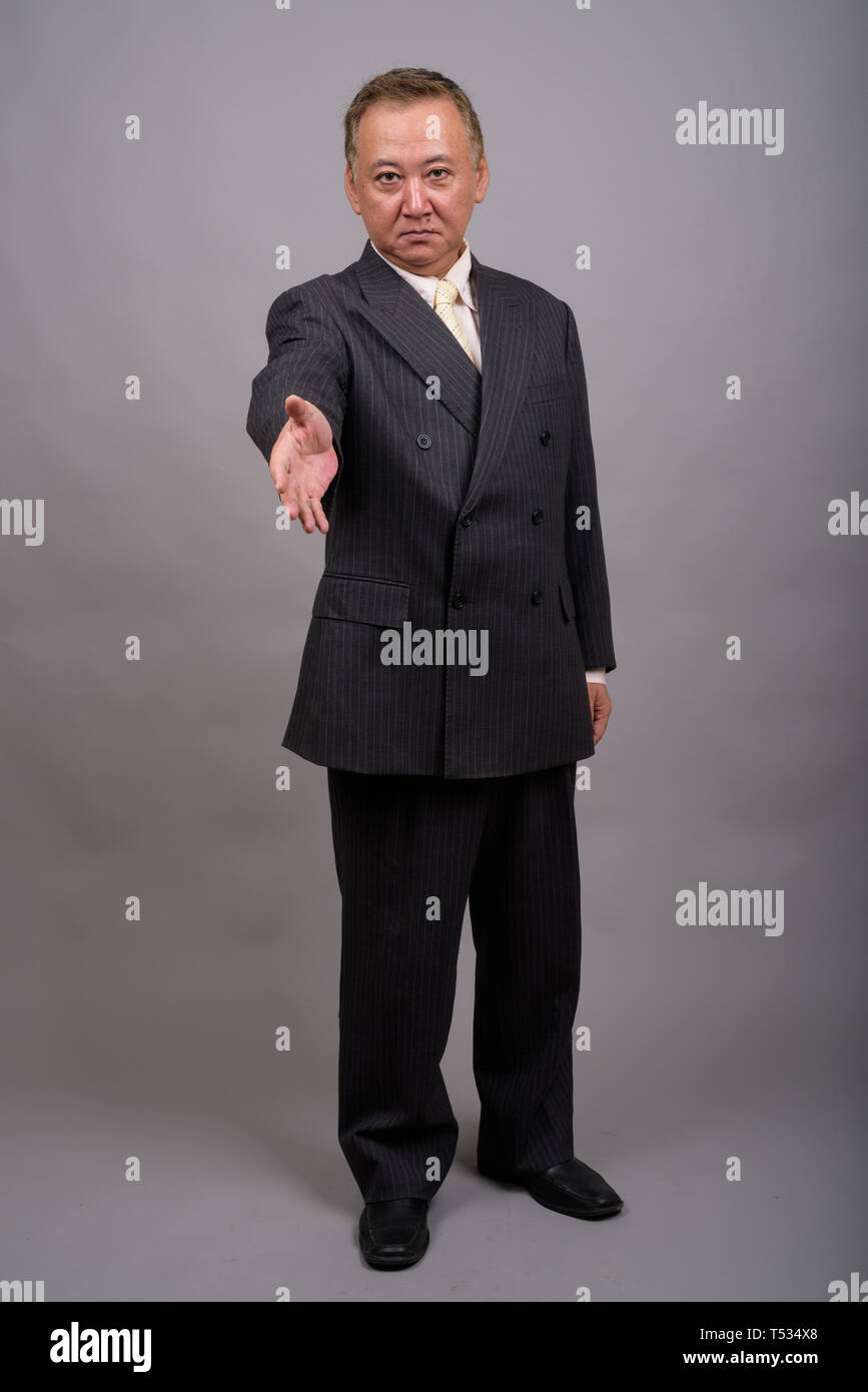 Portrait of mature Asian businessman contre l'arrière-plan gris Banque D'Images