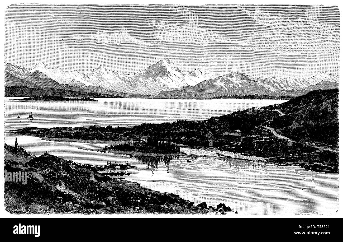 Lac Pukati et la chaîne de Cook en Nouvelle-Zélande, île du Sud, anonym 1897 Banque D'Images