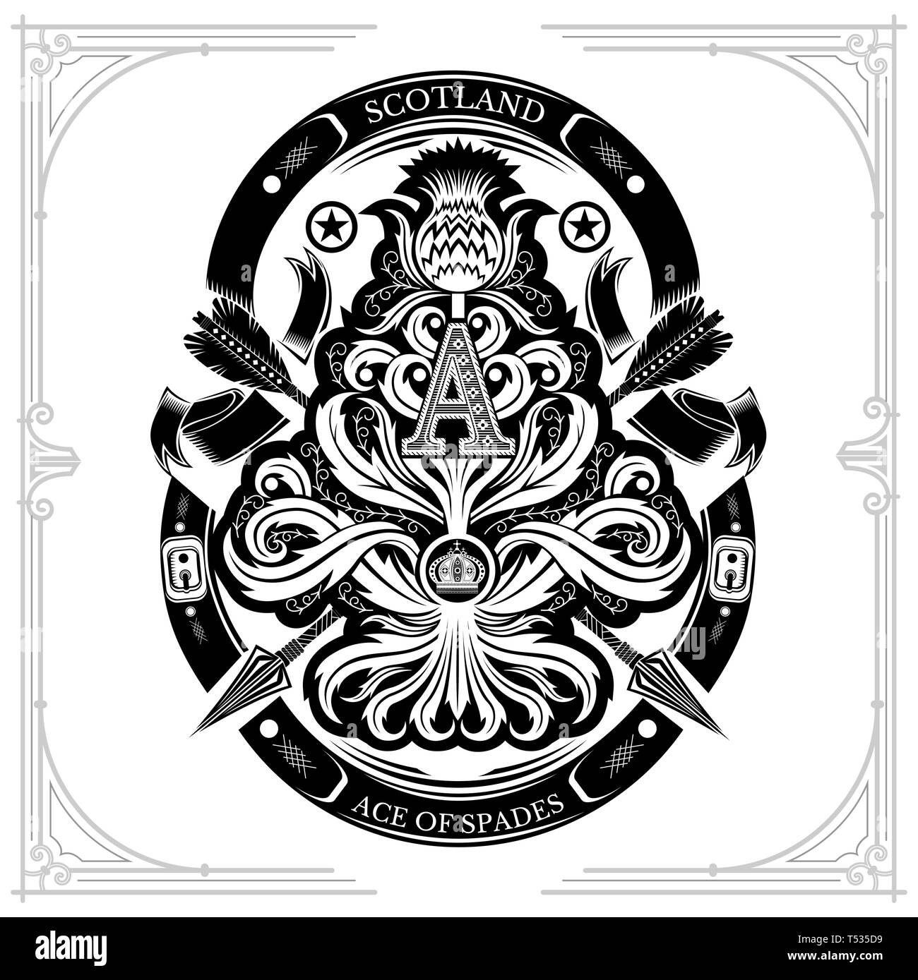 As de pique de thistle modèle floral avec croix de flèche et lettre capitale d'un intérieur. L'élément de conception isolated on white Illustration de Vecteur