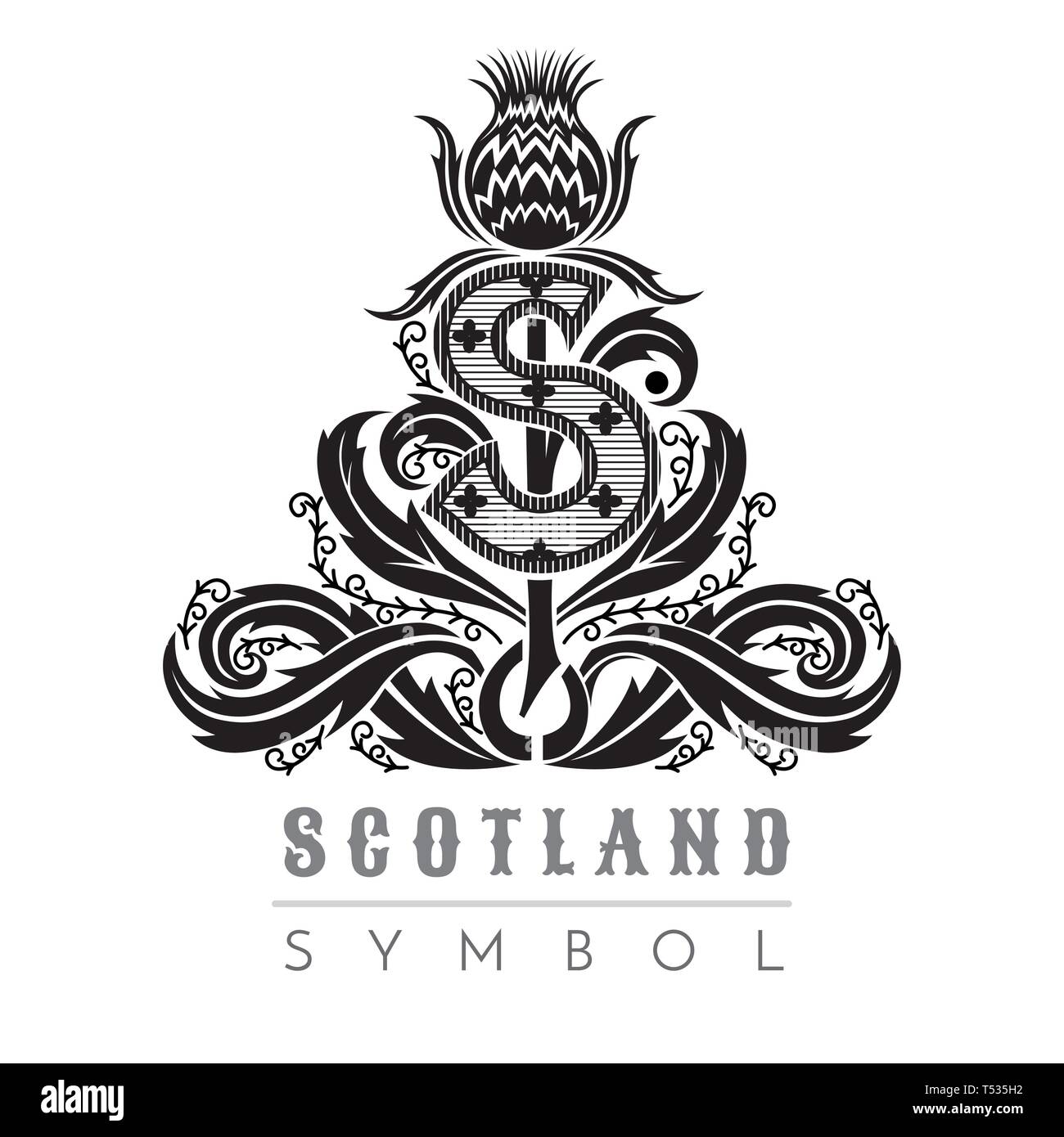 Silhouette de thistle modèle avec la lettre majuscule s dans le centre. Symbole de l'élément de design Ecosse noir sur blanc Illustration de Vecteur