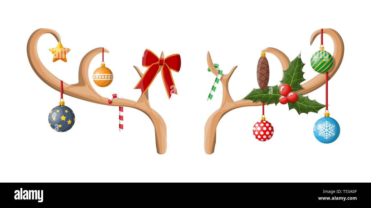 Bois de Rennes avec boules, bow, Holly. Bonne année décoration. Joyeux noël. Nouvel an et célébration de Noël. Vector illustration en télévision Illustration de Vecteur