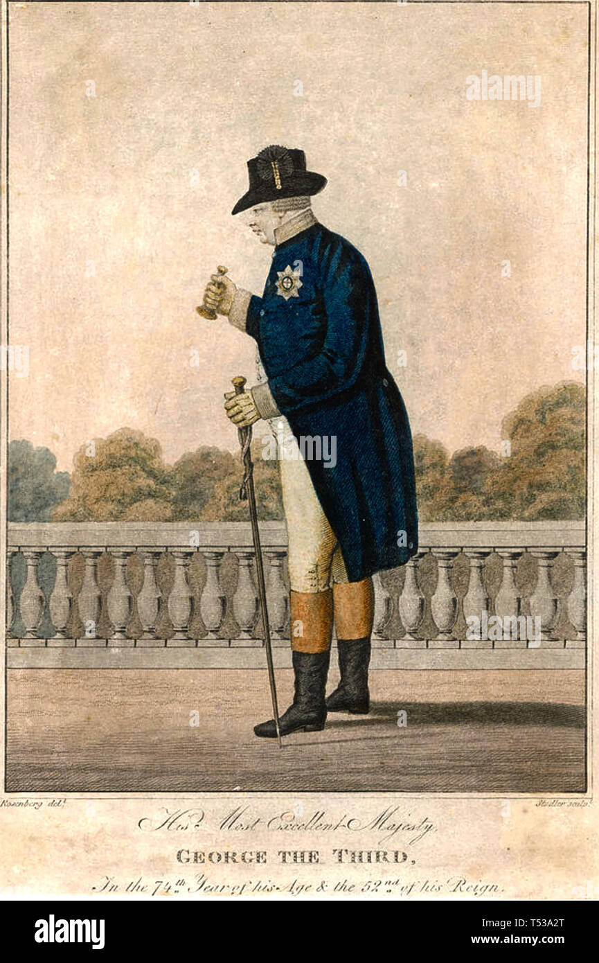 GEORGE III (1738-1820) montrant l'impression contemporaine 74 ans vieux roi sur la terrasse du Palais de Buckingham avec une cloche pour attirer l'attention Banque D'Images