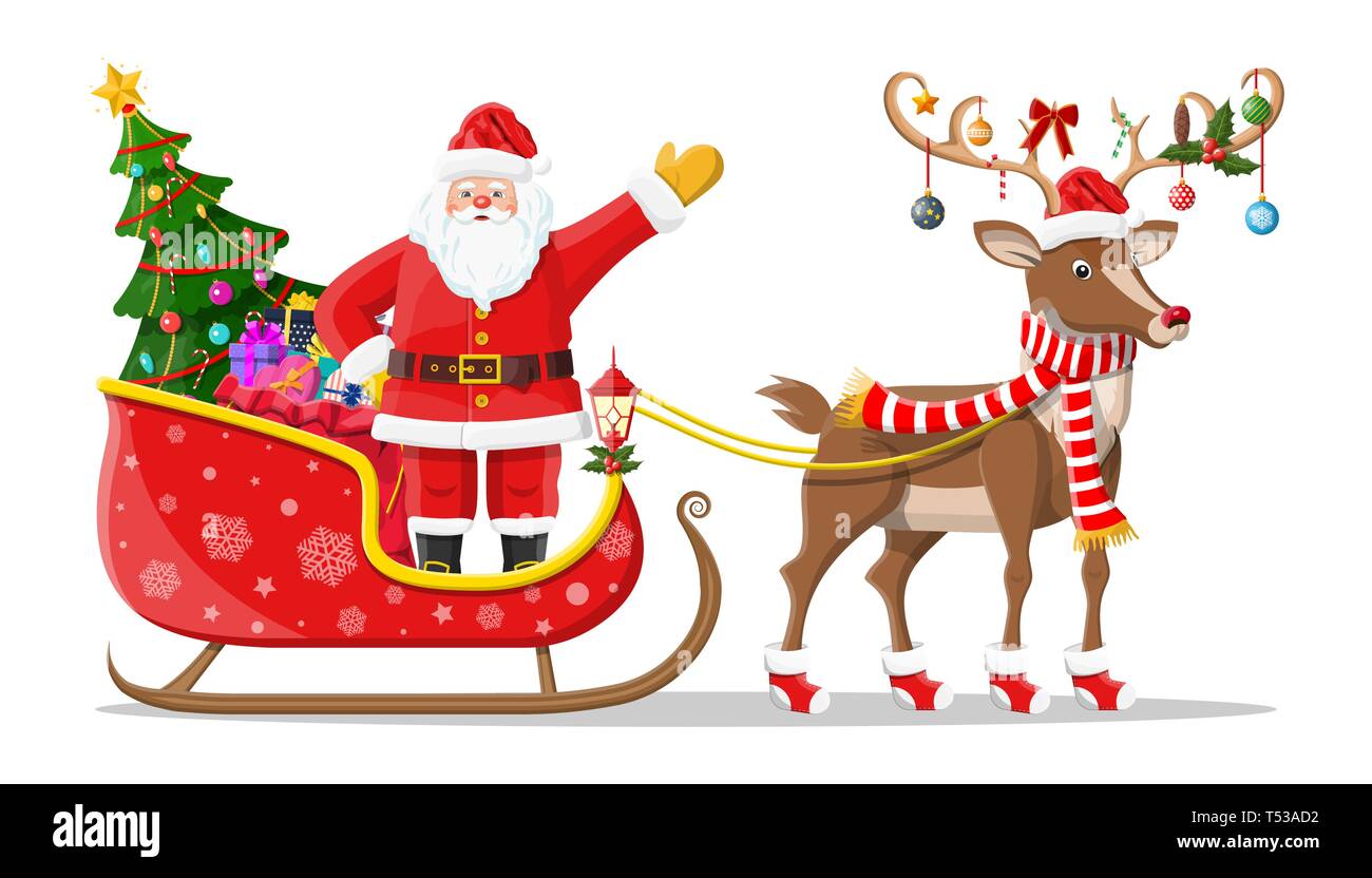 Père Noël en traîneau sur plein de cadeaux, arbre de Noël et de ses rennes.  Bonne année décoration. Joyeux noël. Noël et Nouvel an celebratio Image  Vectorielle Stock - Alamy