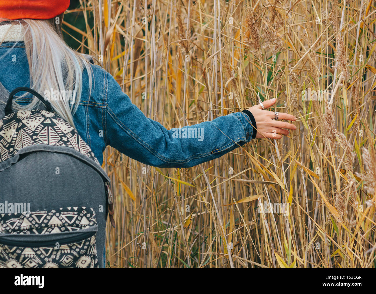 Promenade dans la nature une jeune fille dans un bonnet rouge avec un sac à dos est marcher parmi les hautes herbes sèches à l'automne Banque D'Images