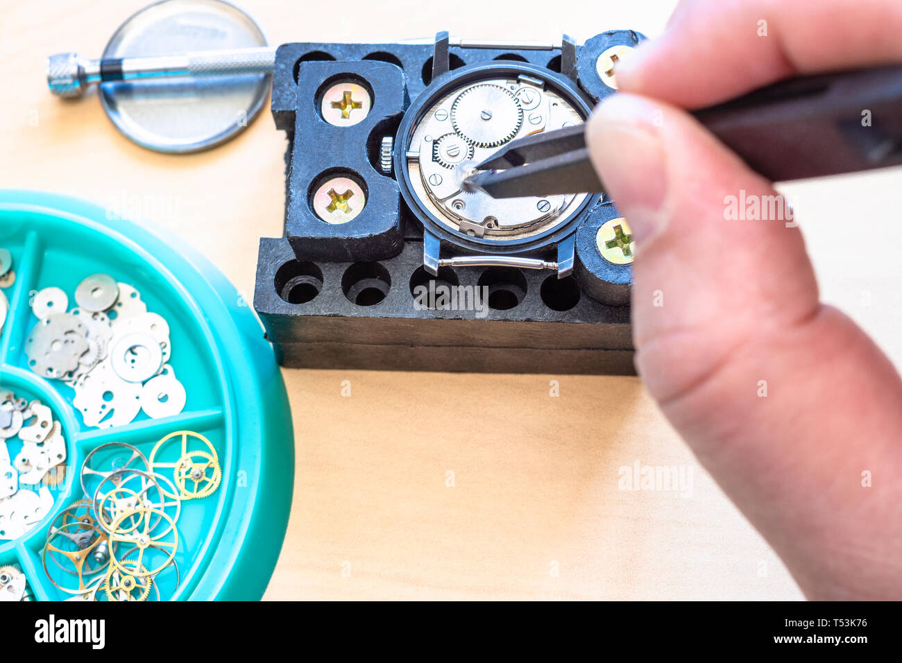 Réparations horloger montre mécanique avec des brucelles dans le support sur le tableau de l'atelier, Close up Banque D'Images