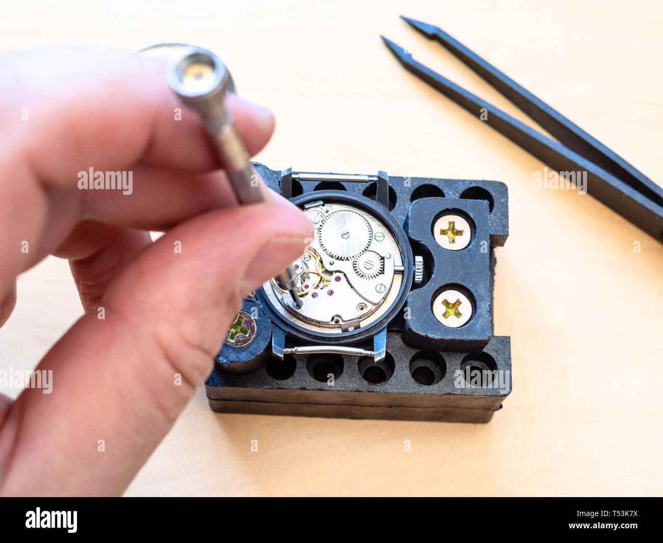 Vue de dessus d'horloger fixe au mouvement de montre mécanique dans le support sur le tableau de l'atelier, Close up Banque D'Images