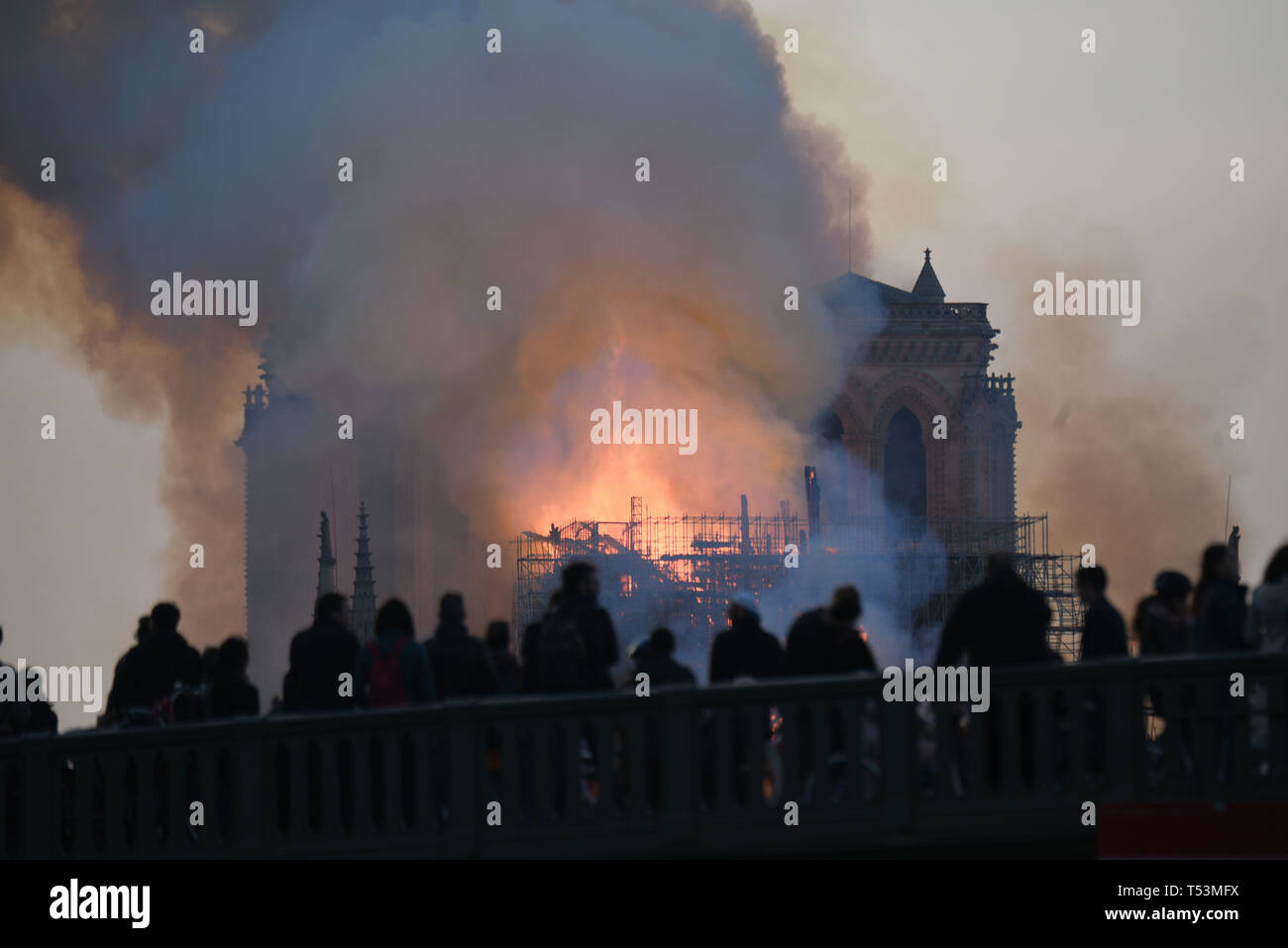 *** FRANCE / STRICTEMENT AUCUNE VENTE DE MÉDIAS FRANÇAIS *** 15 avril 2019 - Paris, France : les parisiens sur un pont regarder comme un grand feu brûle dans la cathédrale Notre Dame de Paris. Banque D'Images