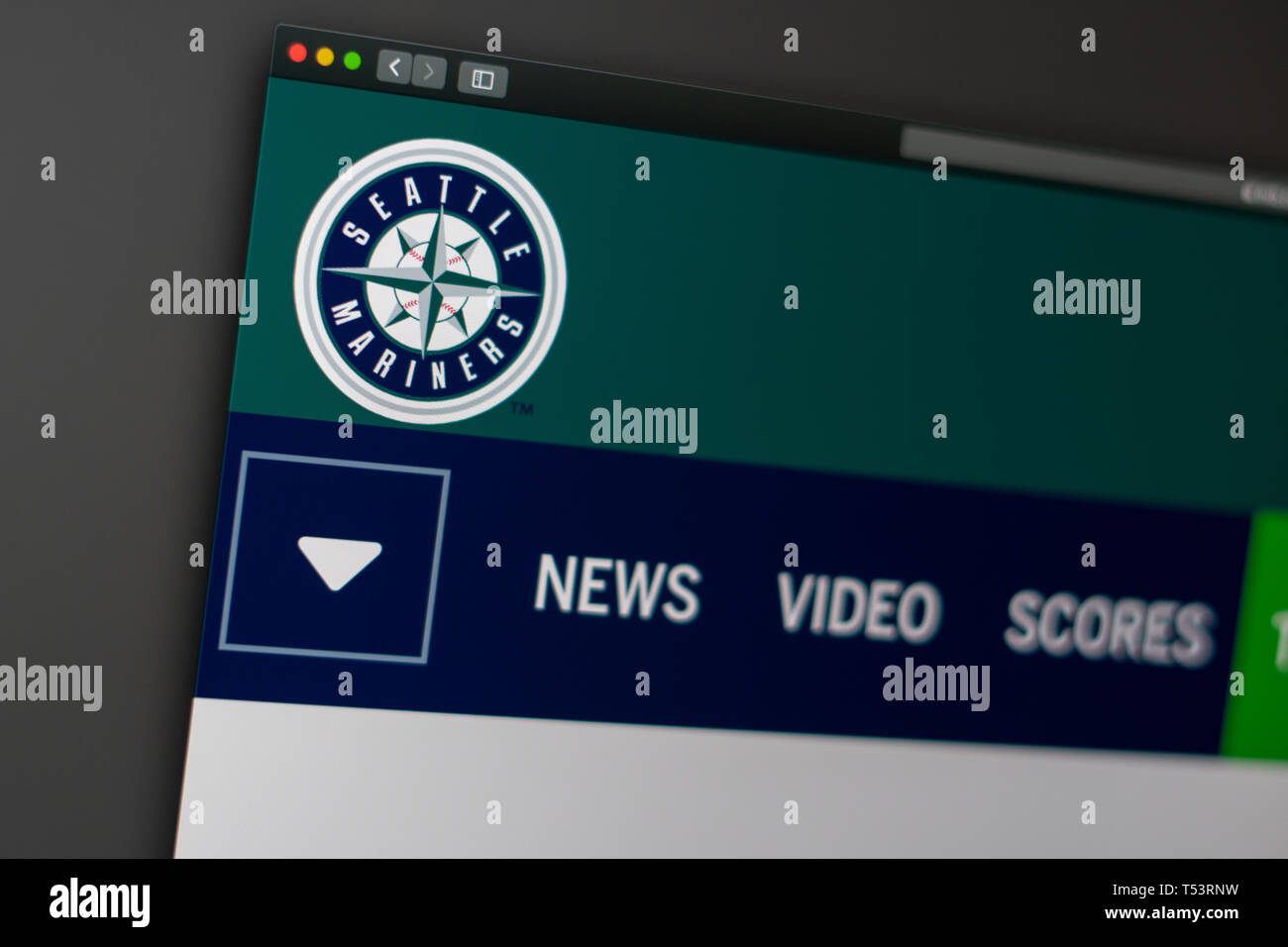 L'équipe de baseball Mariners de Seattle d'accueil du site. Close up de logo pour l'équipe. Peut être utilisé comme illustration pour les médias ou d'autres sites web Banque D'Images
