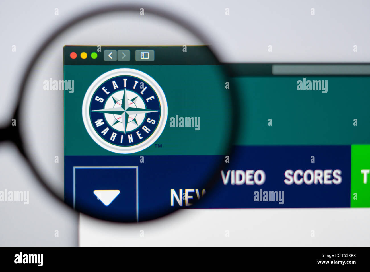 L'équipe de baseball Mariners de Seattle d'accueil du site. Close up de logo pour l'équipe. Peut être utilisé comme illustration pour les médias ou d'autres sites web Banque D'Images