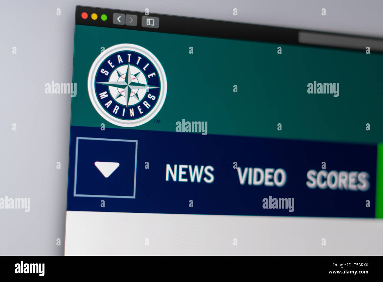 L'équipe de baseball Mariners de Seattle d'accueil du site. Close up de logo pour l'équipe. Peut être utilisé comme illustration pour les médias ou d'autres sites web Banque D'Images