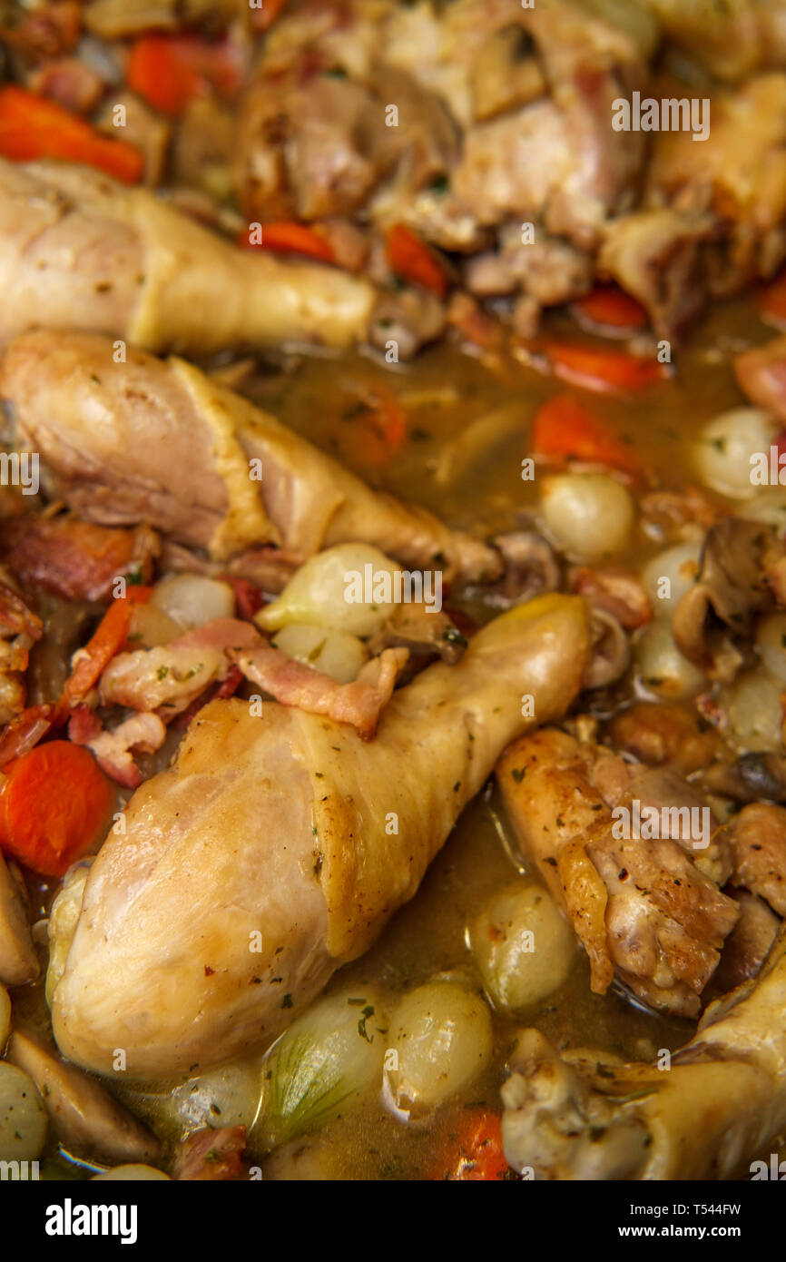 La cuisine française Coq au Vin avec ragoût de champignons crimini oignons perles et les carottes dans une sauce au vin blanc Banque D'Images