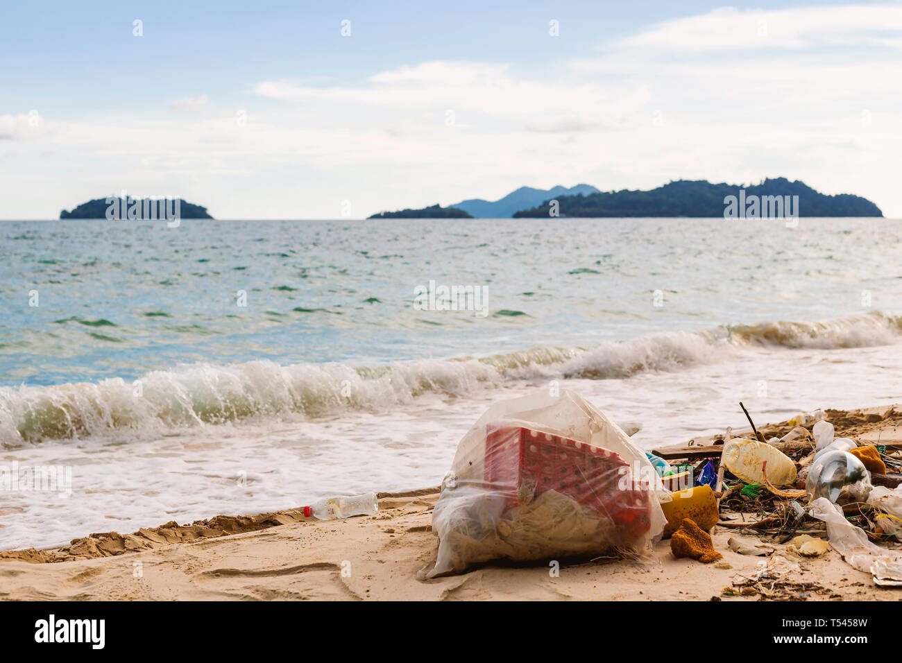 La destruction de la nature par la main de l'homme. À partir de déchets domestiques sont déversés dans la mer. Banque D'Images