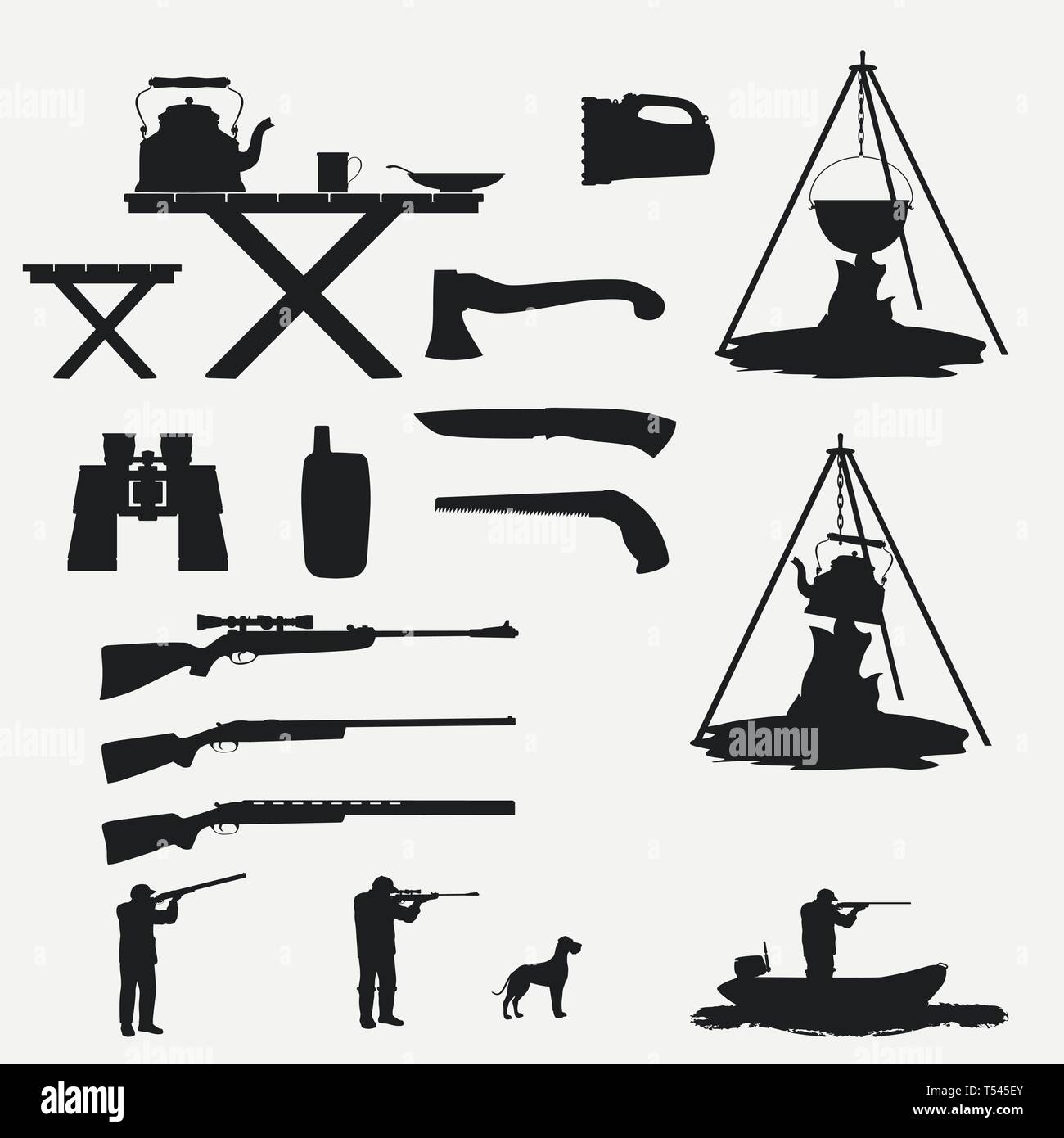 Un ensemble d'éléments pour une vie active. Pour la chasse et la randonnée dans la nature dans une bonne société de personnes semblables. Illustration de Vecteur