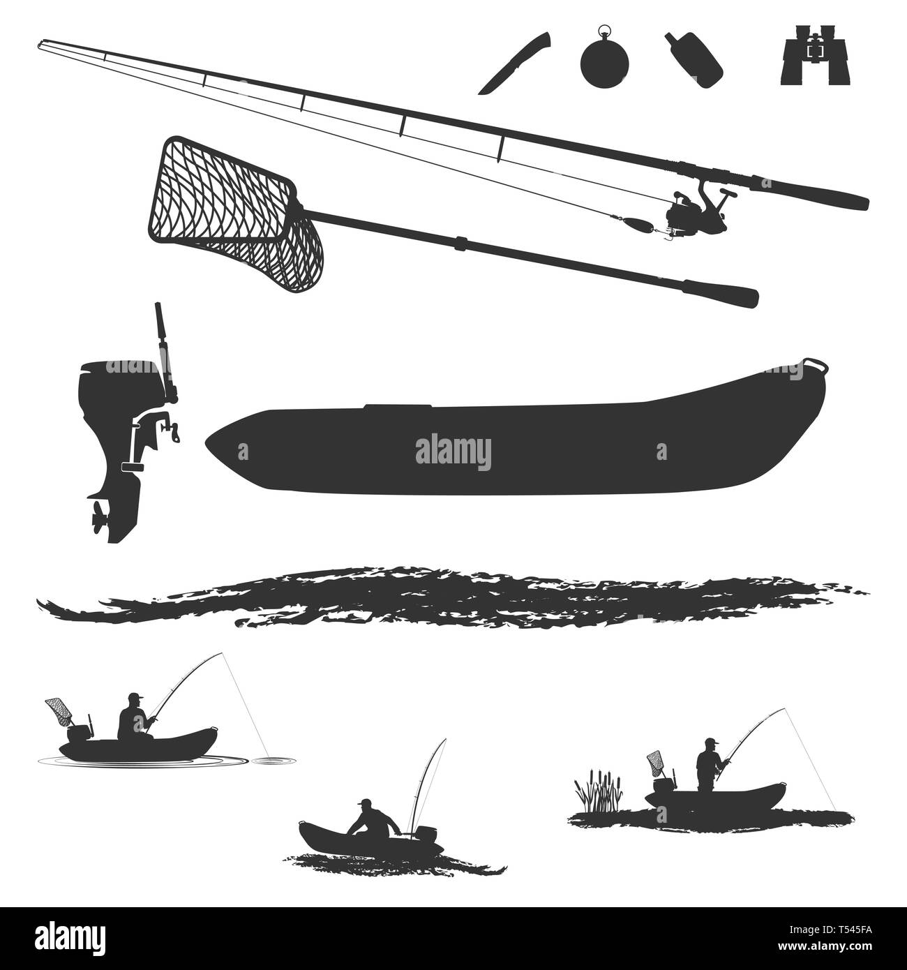 Jeu de silhouettes pour une vie active. Pour le tourisme et les voyages d'observation de la nature en bonne compagnie d'amis. Avec la bobine de filature et de noël avec des crochets. Illustration de Vecteur