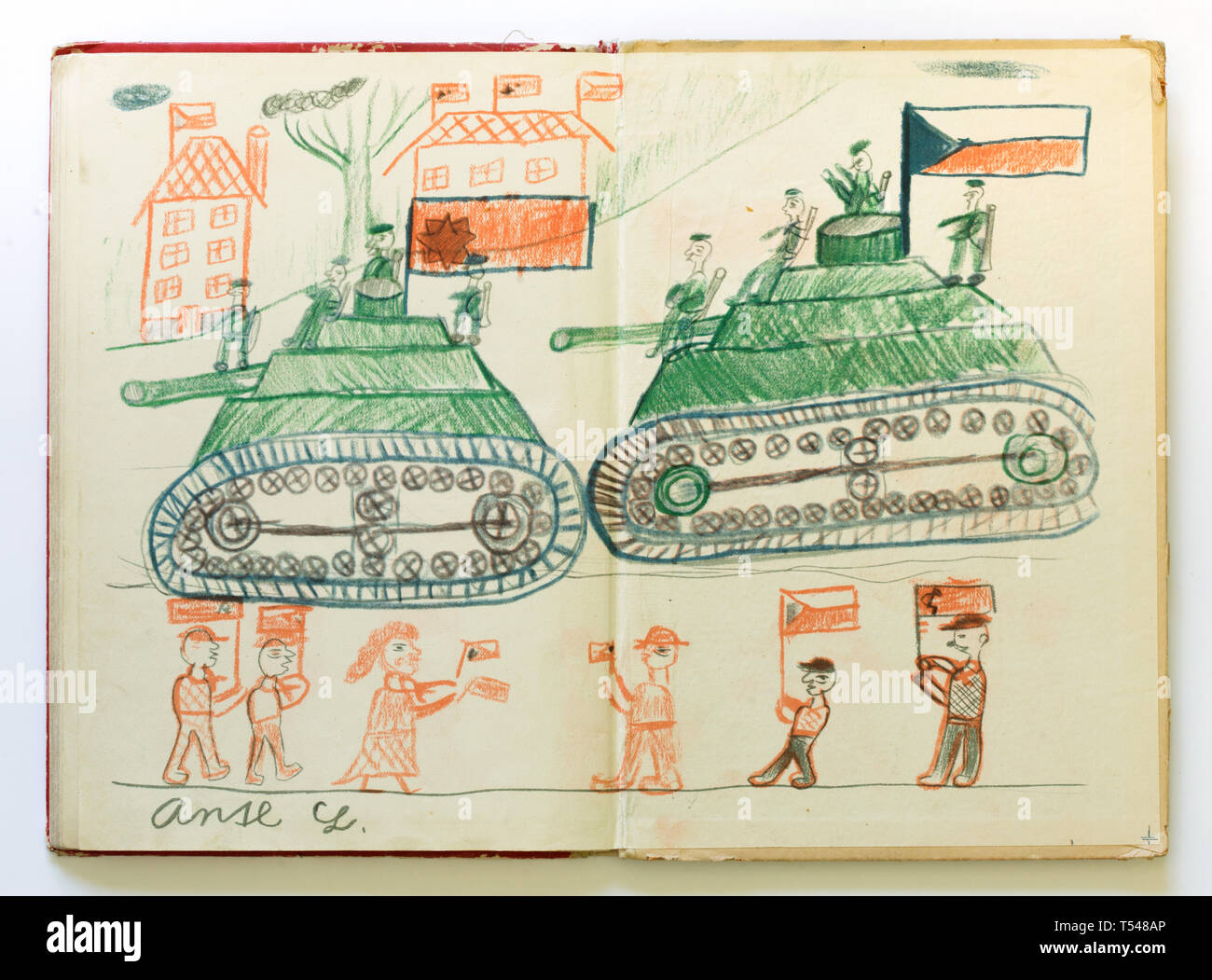 Libération de la Tchécoslovaquie par l'Armée Rouge en 1945 l'illustre le dessin d'enfant par le 3e garçon Ladislav Antl à partir de la ville de Tišnov en Moravie du Sud, de la Tchécoslovaquie, publié dans le livre 'tchécoslovaque comment l'Armée rouge a libéré moi' ('osvododíla Rudá Jak mě armada') en date de 1953. Banque D'Images