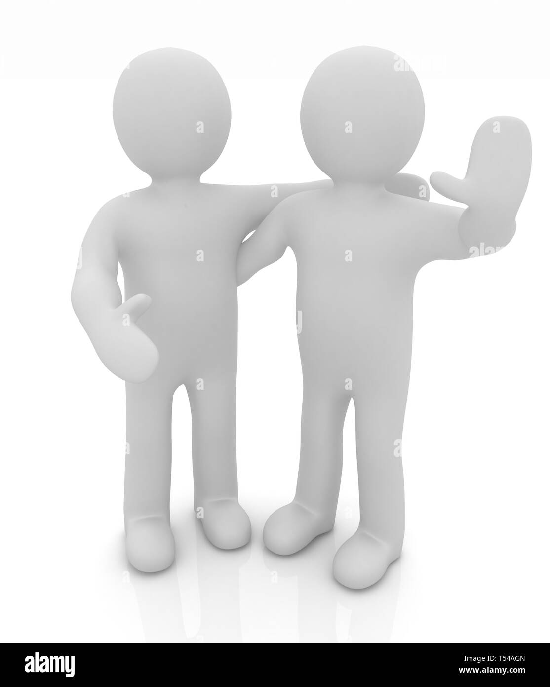 Les amis debout à côté d'une étreinte et soulevé la main de l'accueil. Image 3d. Isolé sur fond blanc. Banque D'Images