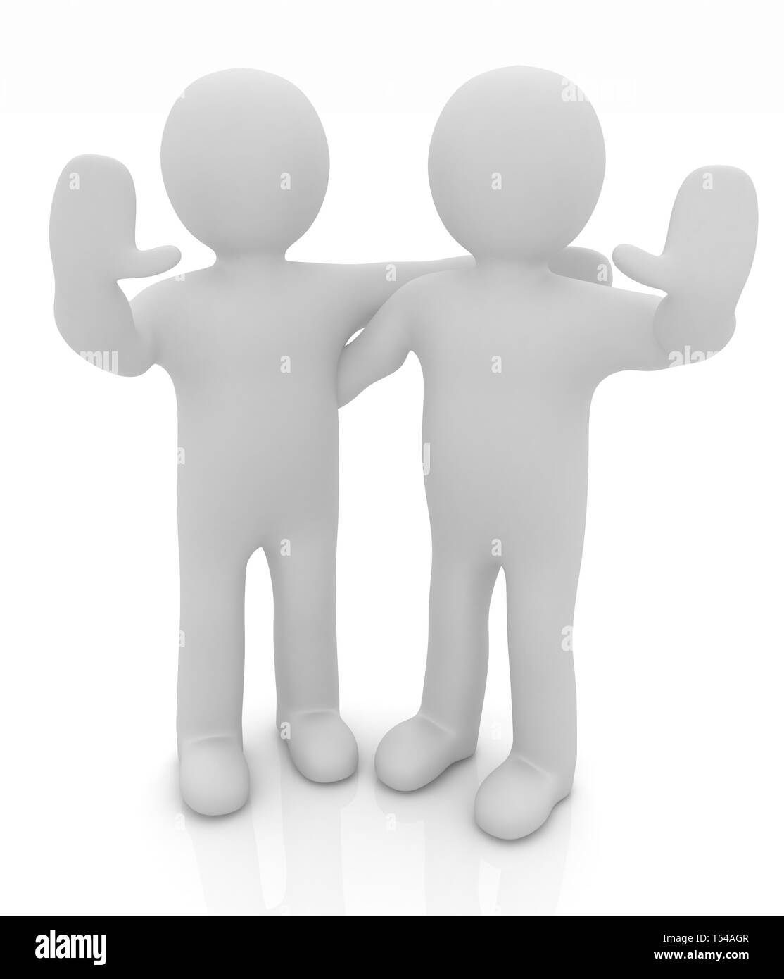 Les amis debout à côté d'une étreinte et soulevé la main de l'accueil. Image 3d. Isolé sur fond blanc. Banque D'Images