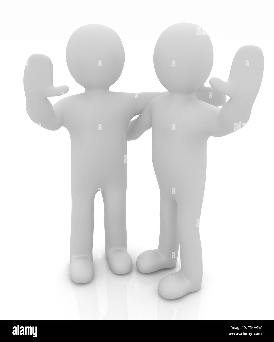 Les amis debout à côté d'une étreinte et soulevé la main de l'accueil. Image 3d. Isolé sur fond blanc. Banque D'Images