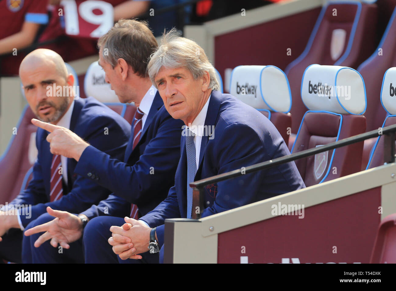 Londres, Royaume-Uni. Apr 20, 2019. Londres, Angleterre 20 avril West Ham United Manager Manuel Pellegrini au cours de la Premier League match entre West Ham United et Leicester City au Boleyn Ground de Londres, le samedi 20 avril 2019. (Crédit : Leila Coker | MI News) usage éditorial uniquement, licence requise pour un usage commercial. Aucune utilisation de pari, de jeux ou d'un seul club/ligue/dvd publications. Photographie peut uniquement être utilisé pour les journaux et/ou à des fins d'édition de magazines. Ne peut être utilisé pour les publications impliquant 1 joueur, 1 ou 1 concours club sans autorisation écrite de données Football Co Lt Banque D'Images