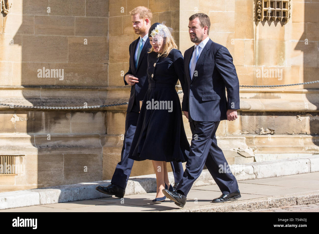 Windsor, Royaume-Uni. 21 avril 2019. Le duc de Sussex et Peter Phillips et de l'automne arrivent à assister à l'Easter Sunday Mattins service à la Chapelle St George du château de Windsor. Credit : Mark Kerrison/Alamy Live News Banque D'Images