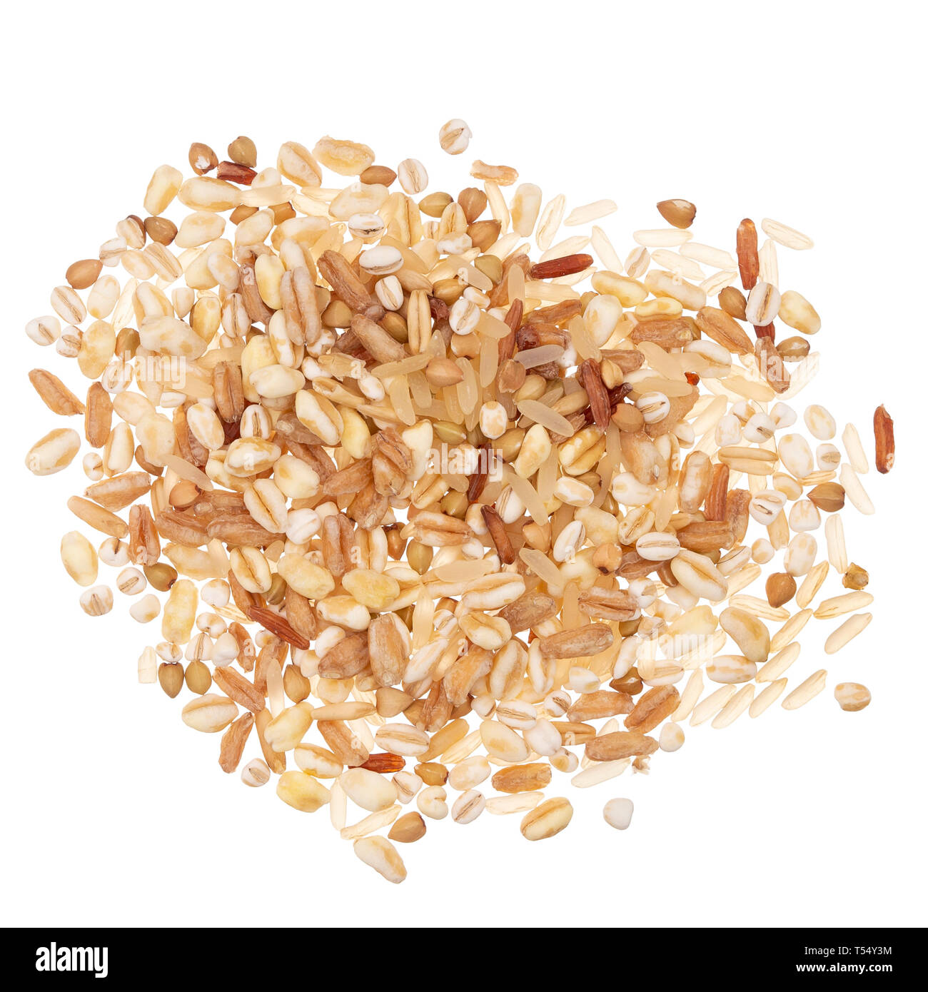 Mélange de grains multiples - barkey, le riz, le blé, l'épeautre et l'avoine, de la saine alimentation option. Isolé sur fond blanc. Banque D'Images